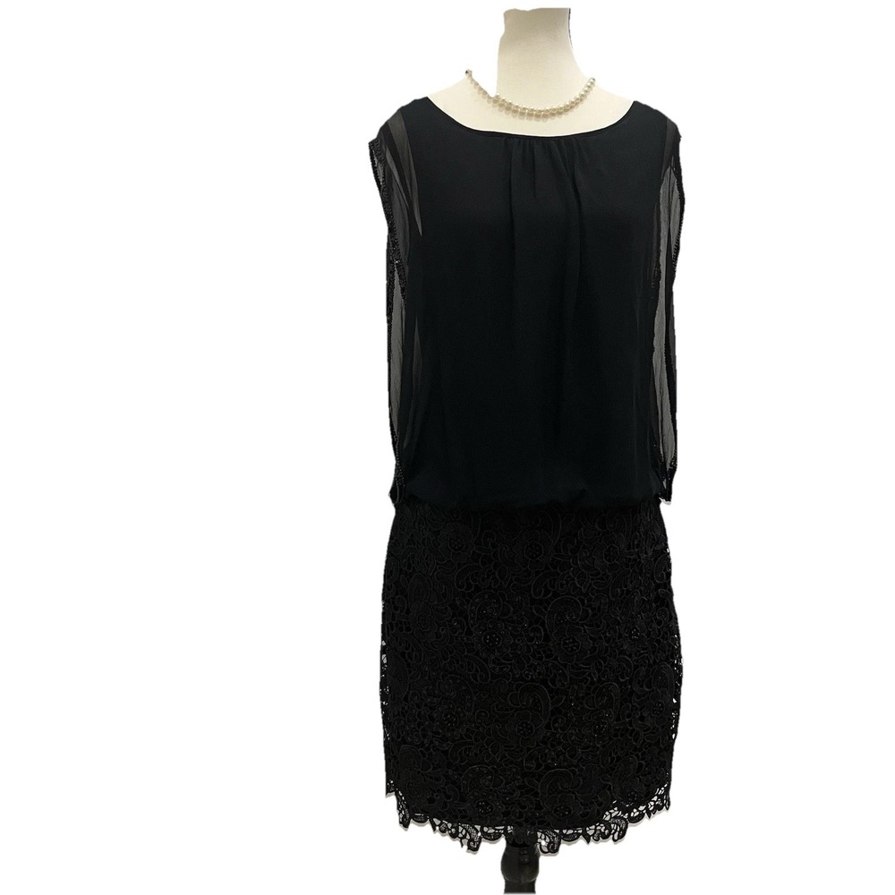 Aidan Mattox Cocktail Dress Women 6 Black Good Silk Lace Beaded Sheer Overlay - Picture 2 of 14